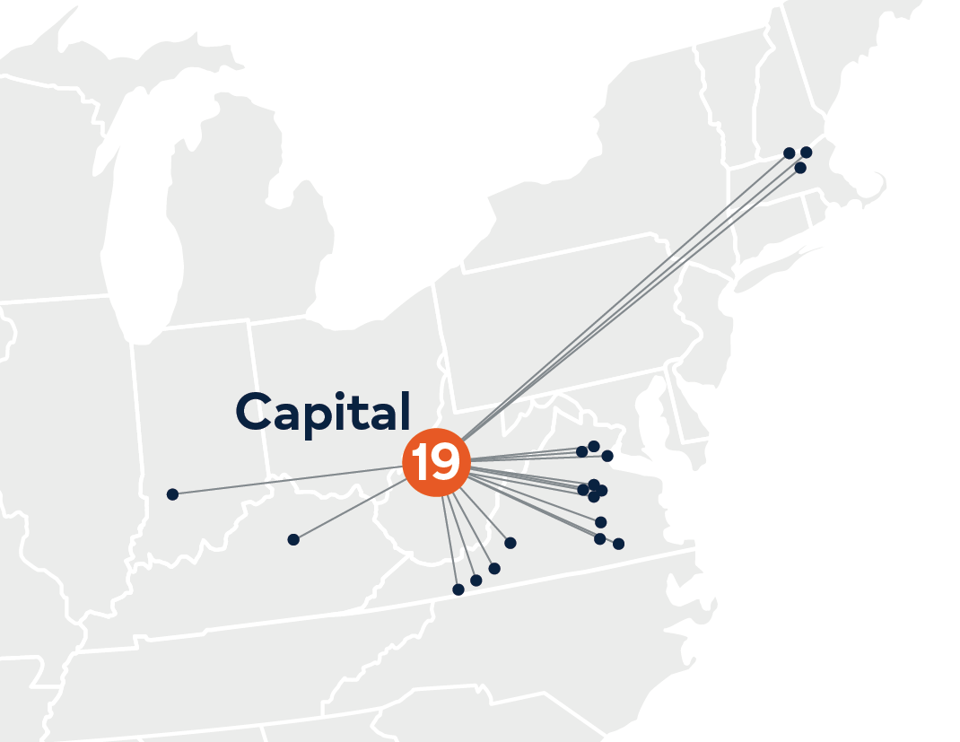 Capital Division map showing 19 locations across the northeast US.